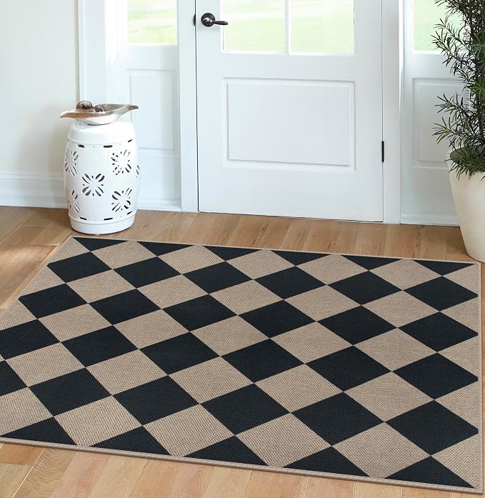 Easy Jute Checkered Area Rug, 3x5 Indoor Outdoor Door Mat Washable Black Modern - Image 7