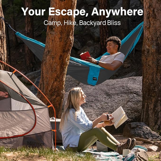 Double Camping Hammock, 500 lb Capacity, Tree Straps, Grey and Sky Blue