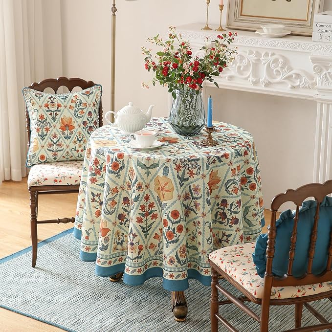 ISAENNE Designer Linen Elegant Round Tablecloth, Colorful Floral Bohemian Table - Image 3