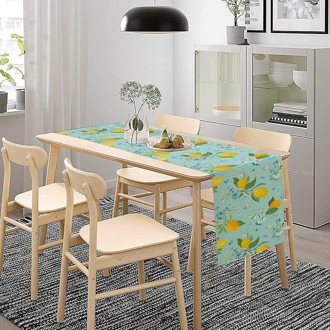 Farmhouse Lemon Fruit Table Runner, Nature Aesthetic Blue Flowers Plant - Image 5