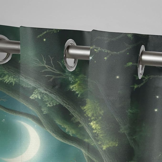 Forest Theme Outdoor Curtains for Patio Waterproof, Trees Moon Lake Pattern - Image 4