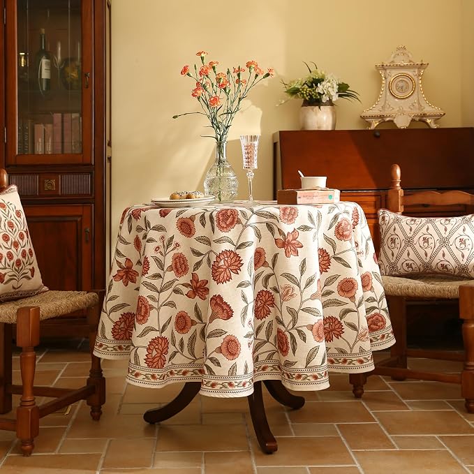 ISAENNE Designer French Round Tablecloth, Linen Orange Floral Pattern Indoor - Image 2