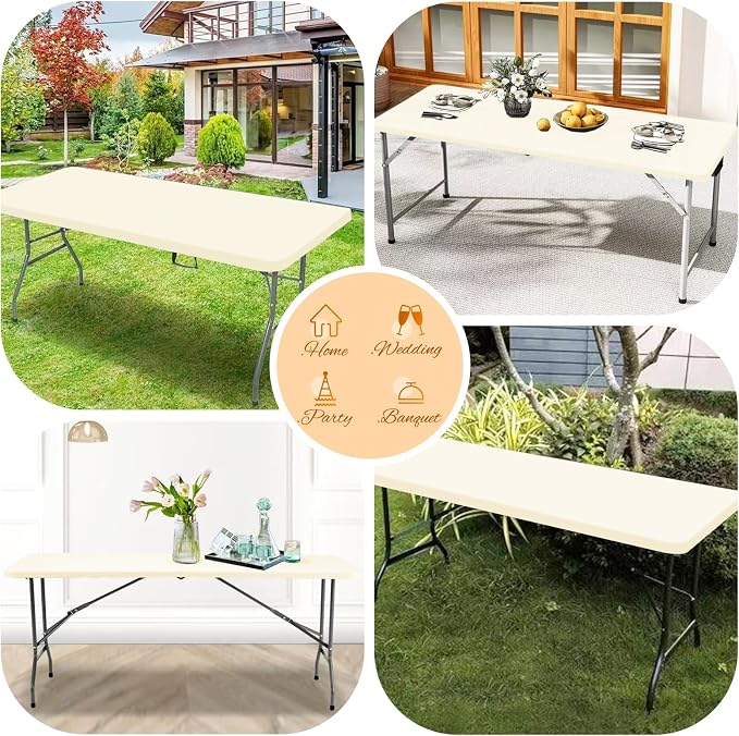 10 Pack Stretch Fabric Table Top Cap Cover, Ivory Table Covers fits 6Ft Tables - Image 7