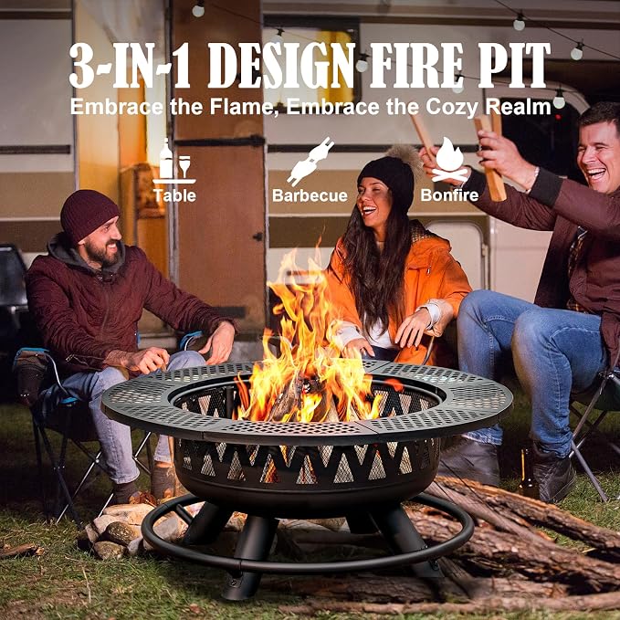 36 Inch Fire Pit with 2 Grills, Large Outdoor Firepits - Image 4