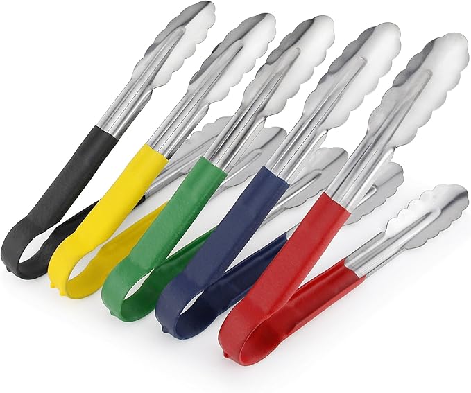 Spring Tongs, 9-Inch Stainless Steel with Black Vinyl-Coated Handles