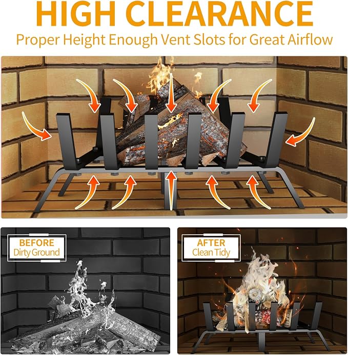 Heavy Duty 27Inch Fireplace Grate, Solid Steel Log Rack - Image 3