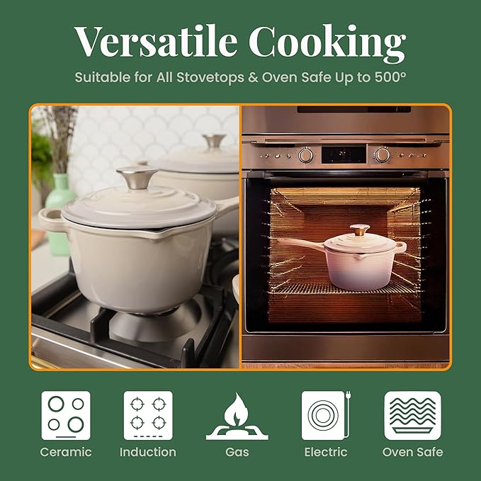 Saucepan with Lid, 2.2 Quart Enameled Cast Iron, Stone Finish