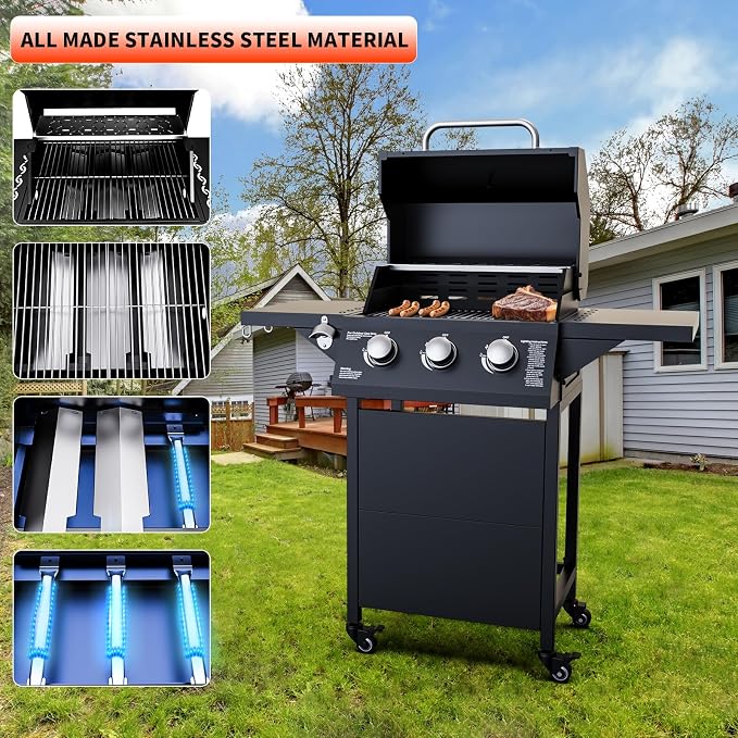 3 Burner Propane Gas Grill, 30000 BTU Outdoor Gas BBQ Grill Cooking - Image 6