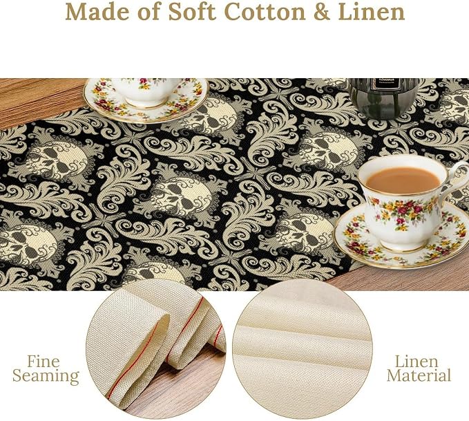 Skull Table Runner, Retro Antique Gothic Damask Pattern Classic Halloween Boho - Image 6