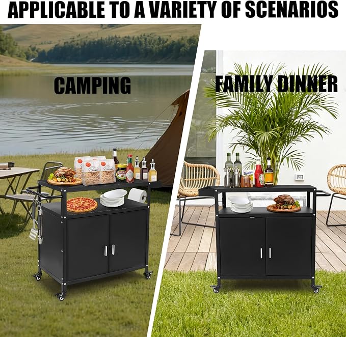 Grill Cart with Storage, Outdoor Bar Cart Rolling BBQ Cart Movable Pizza Oven - Image 6