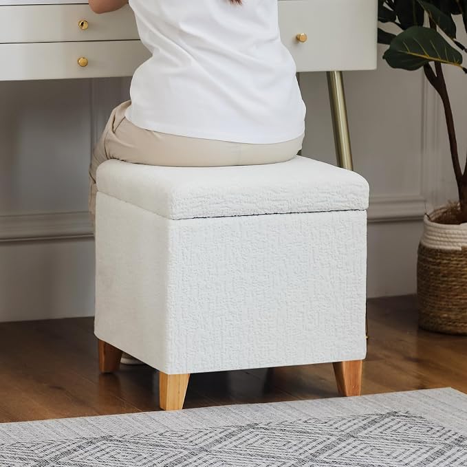 Adeco 18 Inch High Faux Fur White Cube Ottoman Storage, 3D Embossed Velvet - Image 2