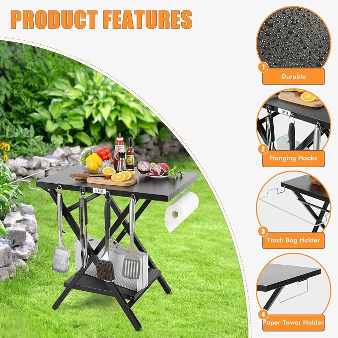 Folding Grill Table with Extra Storage Bottom Shelf, Indoor & Outdoor Prep - Image 4
