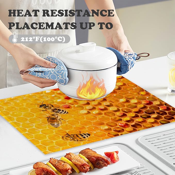 Honey Bee Placemats Set of 6 Linen Heat Resistant - Image 4