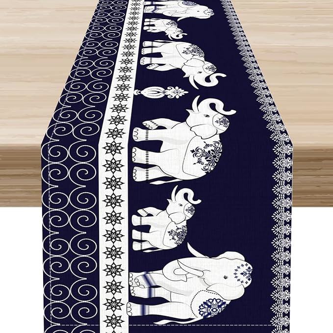 Boho Elephant Table Runner, Rustic African Tribal Traditional Diwali India by Unknown