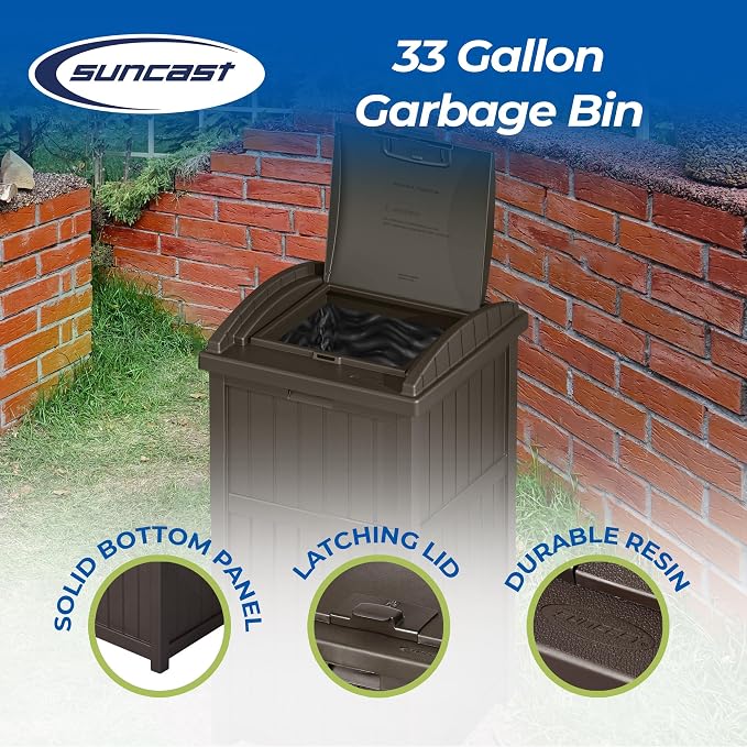 Suncast Trash Hideaway Outdoor Patio 33 Gal Garbage Waste Trash Can Bin - Image 2