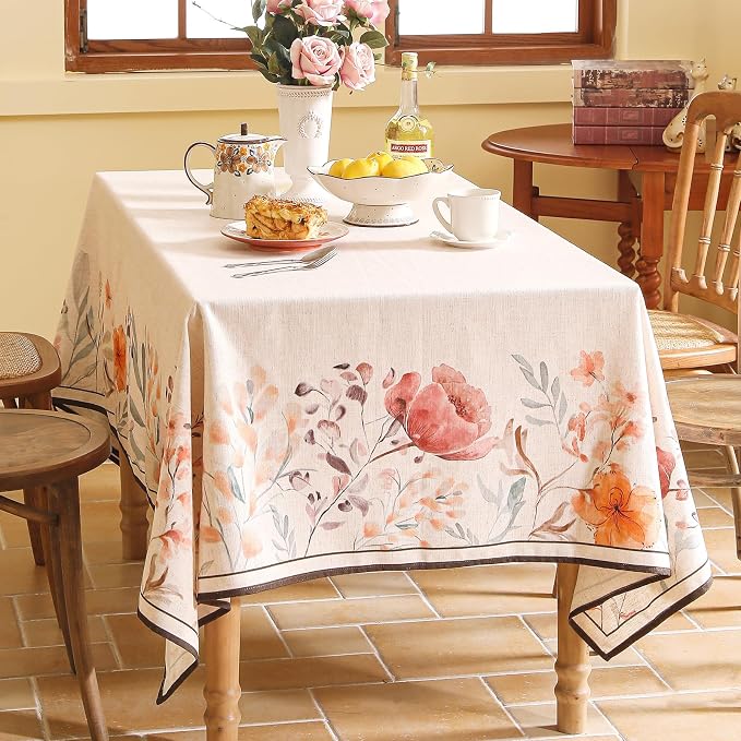 Linen Rectangle Tablecloth, French Vintage Pink Floral Pattern Wrinkle Free - Image 9