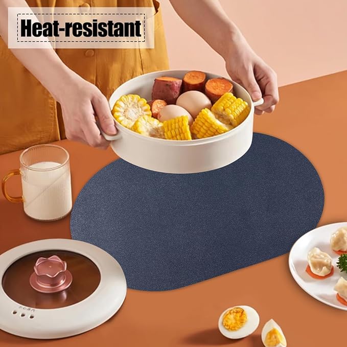 Reversible Placemats Set of 6 Waterproof Oval Faux Leather Placemat Navy Blue - Image 5