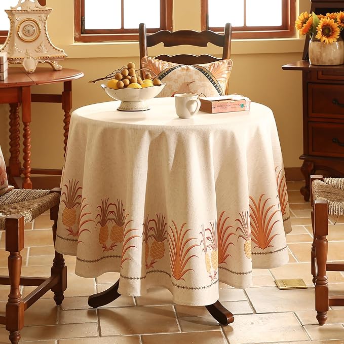 patdrea Designer Vintage Round Tablecloth, Pineapple Pattern Linen Tropical - Image 2