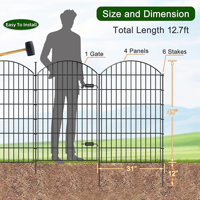 Metal Garden Fence with Gate 48in x 12.7ft, 1 Gate+ 4 Panels Dog Fence Border - Image 3