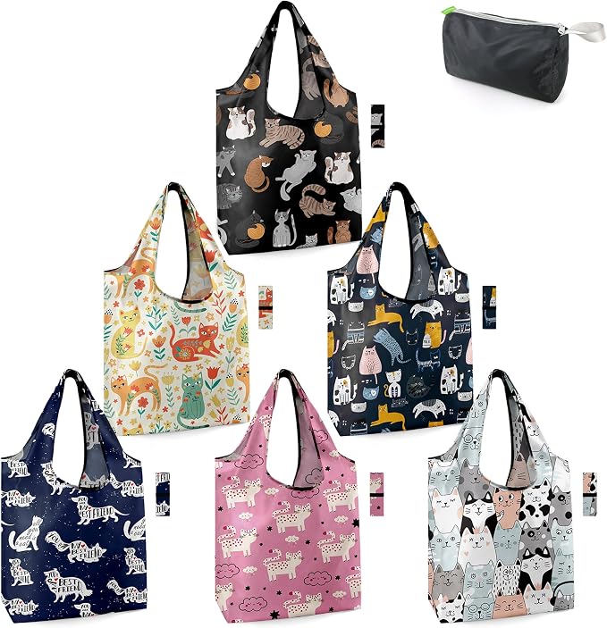 BeeGreen 6 Pack Cats Reusable Grocery Bags Gifts by BeeGreen