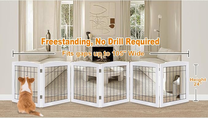 LZRS 6-Panel Extra Wide Wooden Freestanding Dog Gate: Foldable Solid Wood and - Image 2