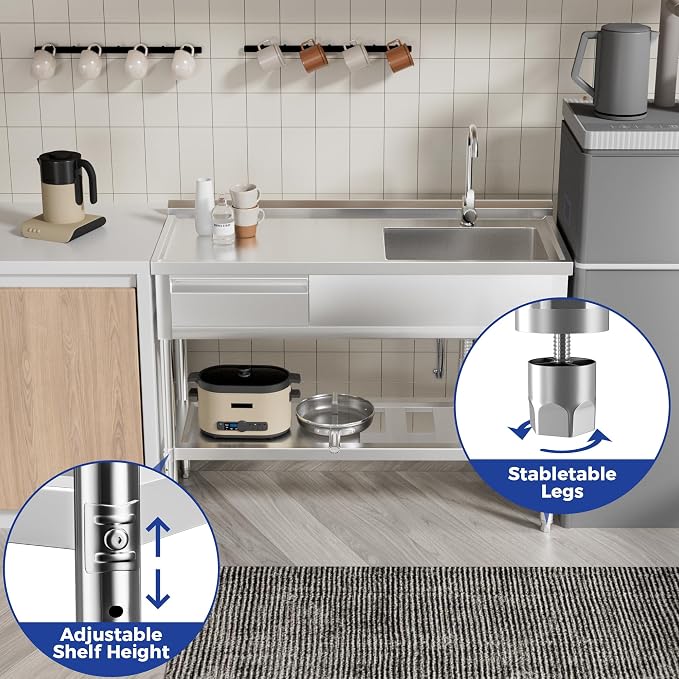 Stainless Steel Sink with Cold and Hot Water Pipes, Free Standing Single Bowl - Image 4