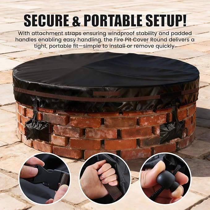 Outdoor Round Fire Pit Cover 66x9.5" Waterproof Tear-Resistant 600D Oxford PU - Image 5