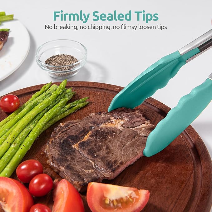 Tongs with Silicone Tips and Lock, 18/8 Stainless Steel, Aqua Sky
