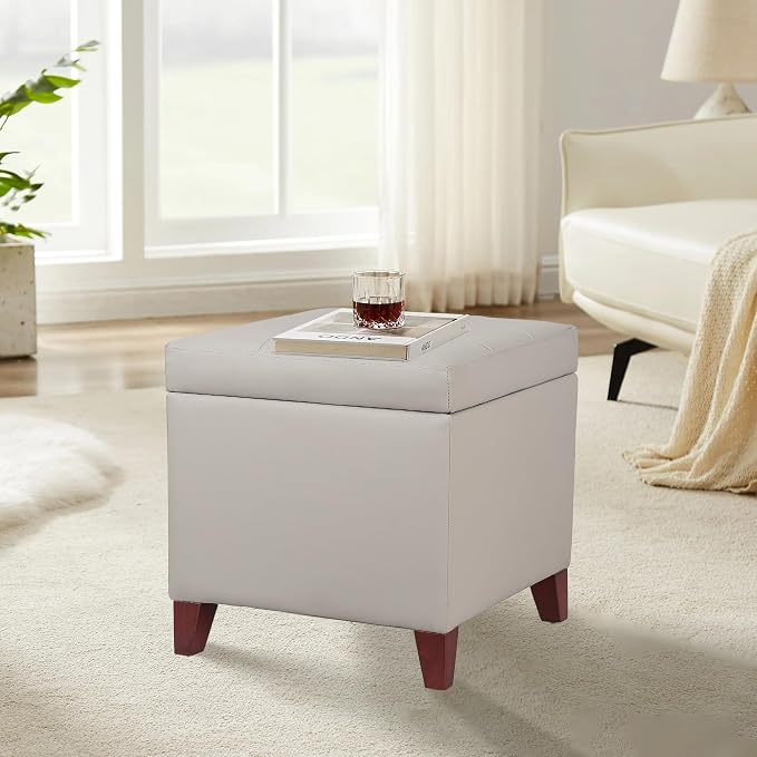 Homebeez Tufted Faux Leather Storage Ottoman Square Cube Foot Rest Stool - Image 2