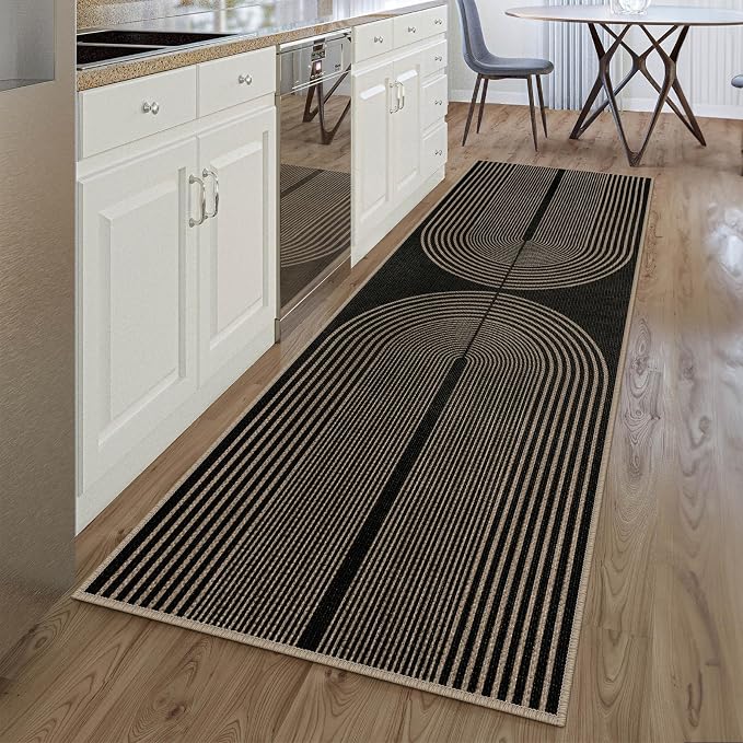 Easy Jute Rainbow Runner Rug, 2.6x8 Black Washable Rugs Runner by Rugalia