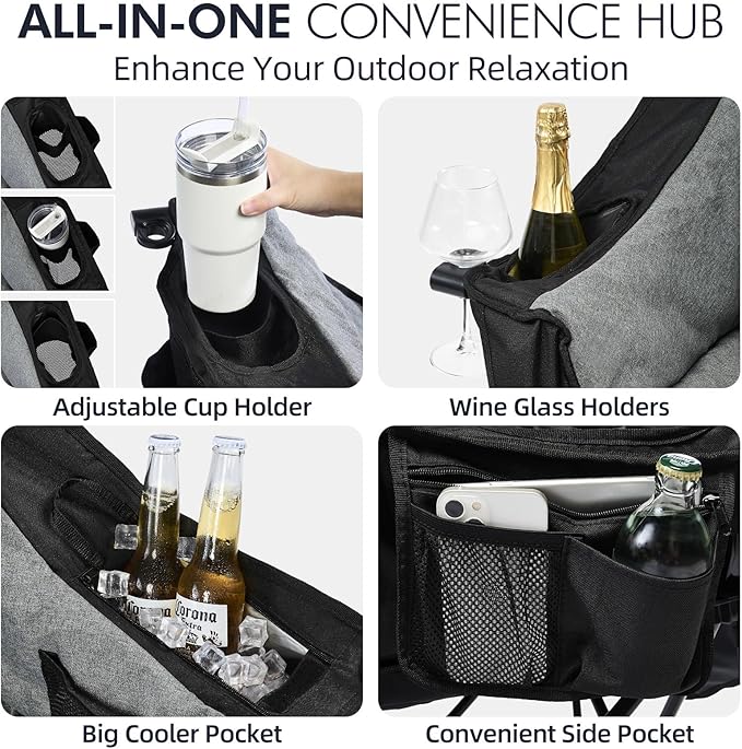 Camping Chair with Steel Frame, Cup Holder and Cooler Bag in Black
