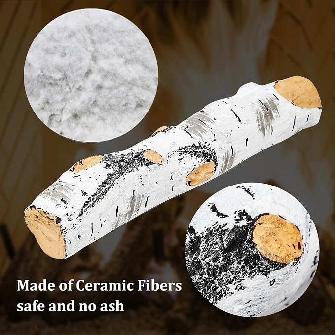 Gas Fireplace Logs, Birch Logs 7pcs Fake Fireplace Insert, Faux Ceramic White - Image 6