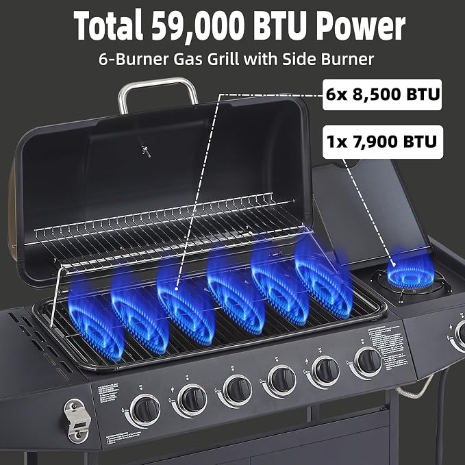 Propane Gas BBQ Grill with 6-Burner and Side Burner 59000 BTU Stainless Steel - Image 3