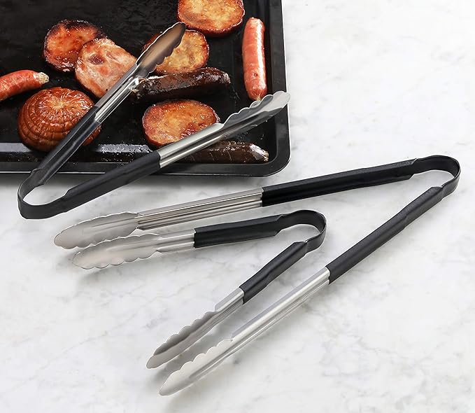 Utility Spring Tongs, 16-Inch Stainless Steel with Black Vinyl Handles