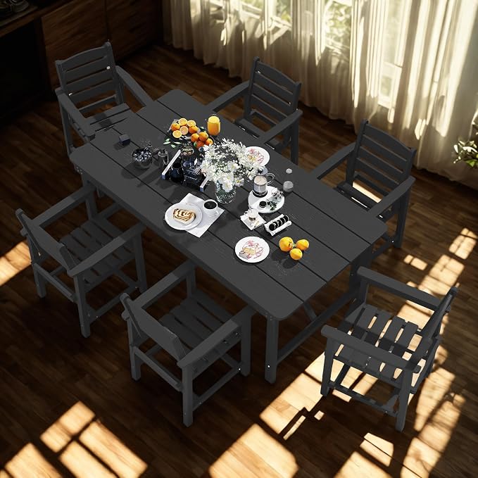 7 Piece Patio Dining Set with 11ft Patio Umbrella, 7 Black Outdoor HDPE Dining - Image 8