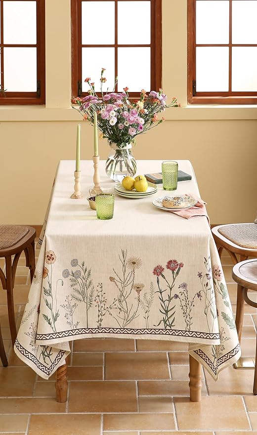 ISAENNE Designer Off White Linen Long Tablecloth Rectangular, Floral Elegant - Image 3