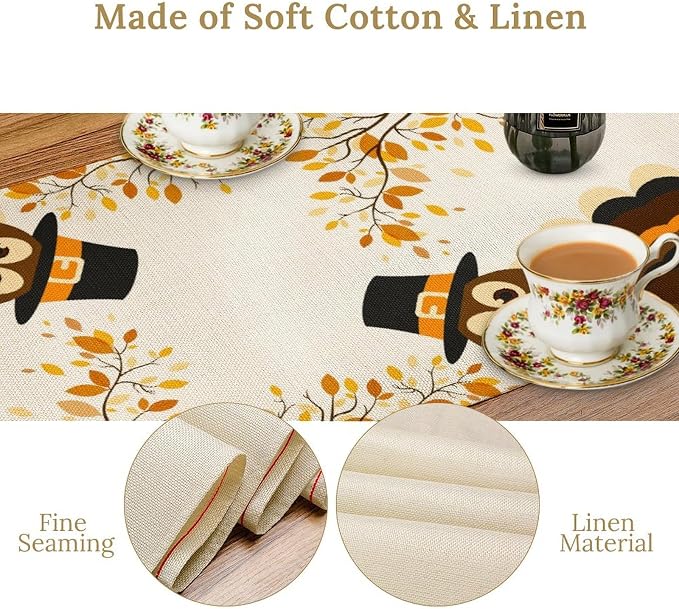 Thanksgiving Turkey Table Runner, Cartoon Turkey Autumn Branch Yellow Leaves - Image 5