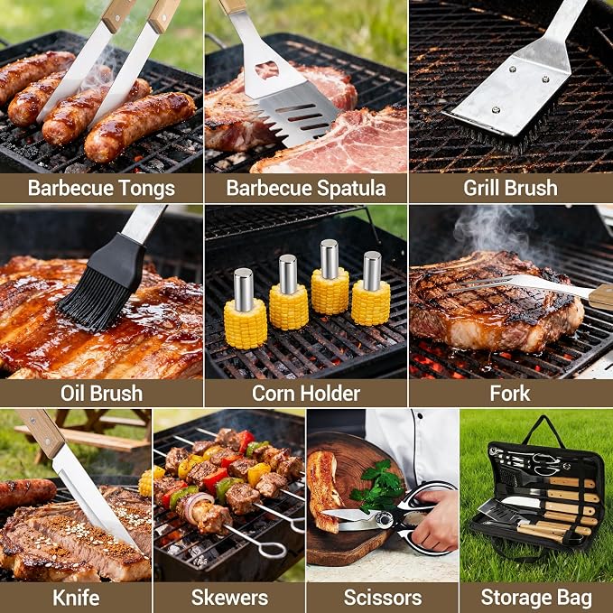 18pcs Wooden Grill Tool Set, BBQ Accessories Heavy Duty Stainless Steel Grill - Image 3