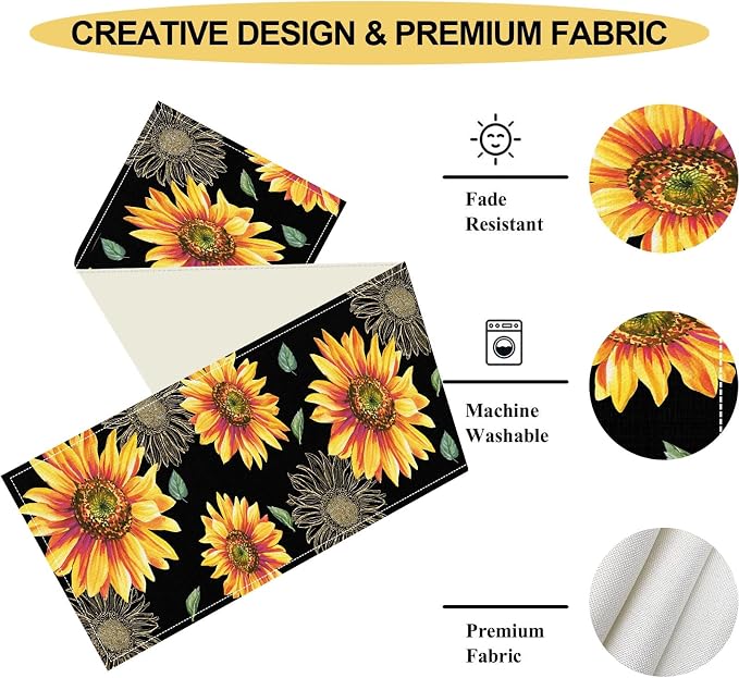Black Yellow Floral Table Runner, Watercolor Sunflowers Vase Spring Sunshine - Image 4