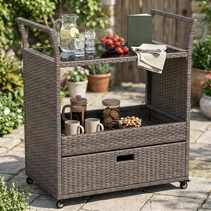 Outdoor Wicker Bar Cart with Drawer, PE Rattan Serving Trolley with Glass Top & by Unknown
