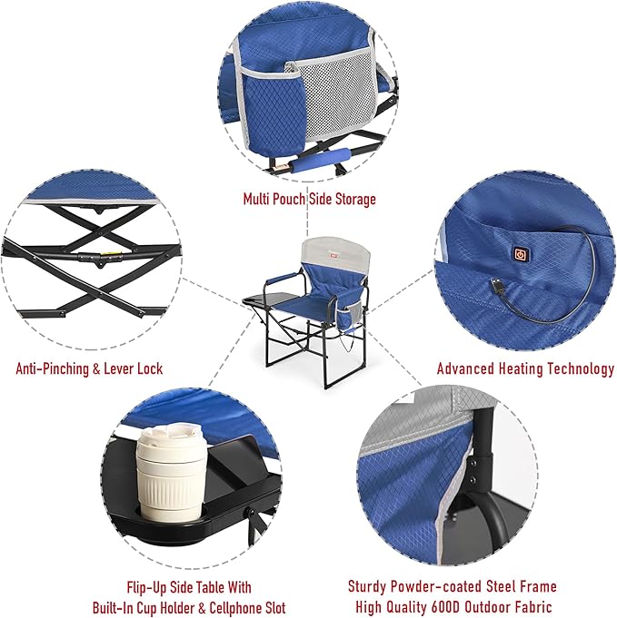 Camping Directors Chair, Blue, Steel Frame, 300 lb Capacity