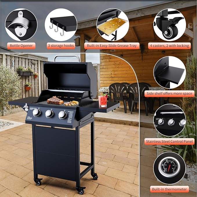 3 Burner Propane Gas Grill, 30000 BTU Outdoor Gas BBQ Grill Cooking - Image 4