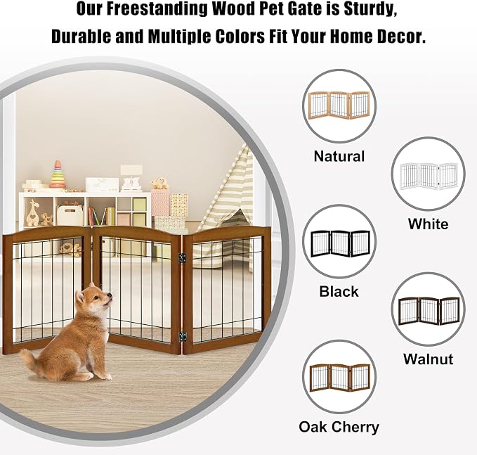 LZRS 3-Panel Freestanding Foldable Wooden Dog Gate –Solid Wood & Steel Wire - Image 4
