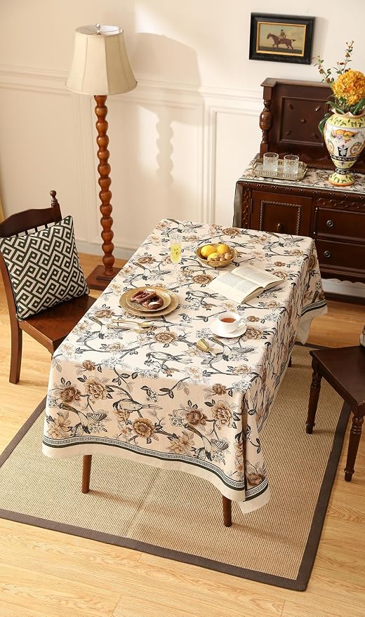 ISAENNE Designer Vintage Linen Extra Long Tablecloth Rectangle, Floral and Bird - Image 8