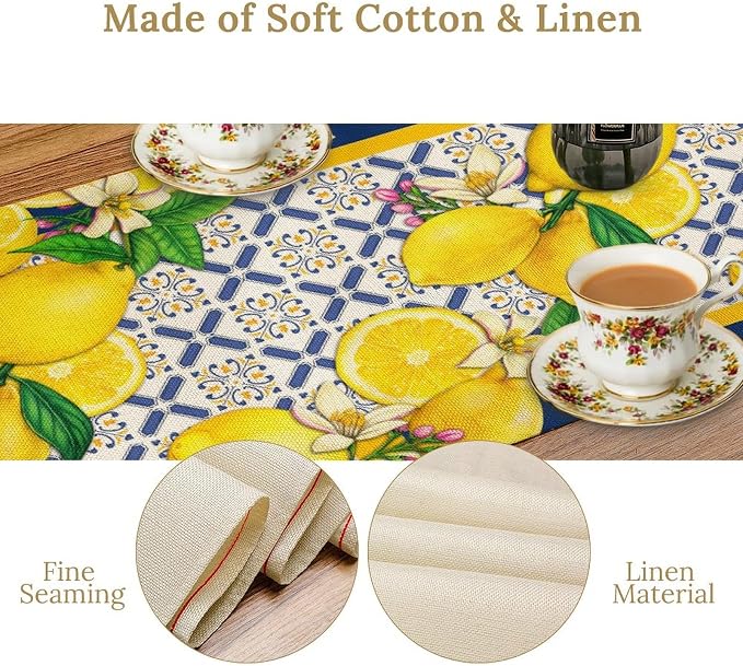 Yellow Lemon Table Runner, Spring Summer Seasonal Blue Tiles Watercolor Lemon - Image 6