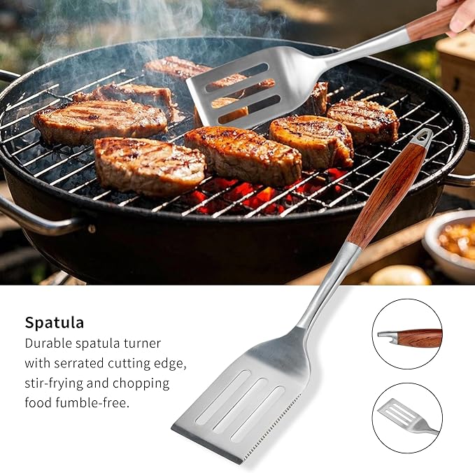 Barbecue Tool Set, 4-Piece Stainless Steel with Rosewood Handles