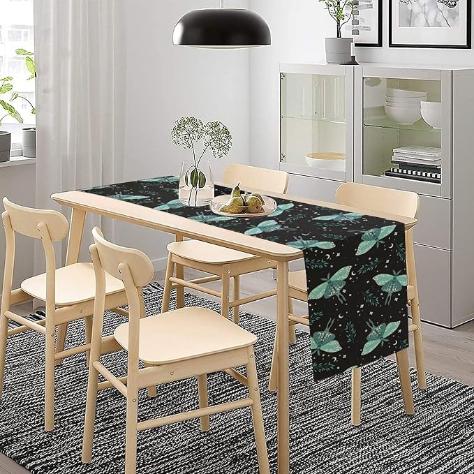 Butterfly Moth Table Runner, Boho Moon Green Leaves Plant Print Table Runner - Image 2