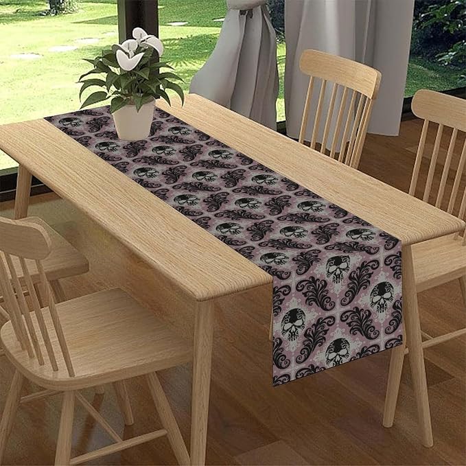 Goth Table Runner, Antique Gothic Damask Skull Baroque Style Floral Halloween - Image 2