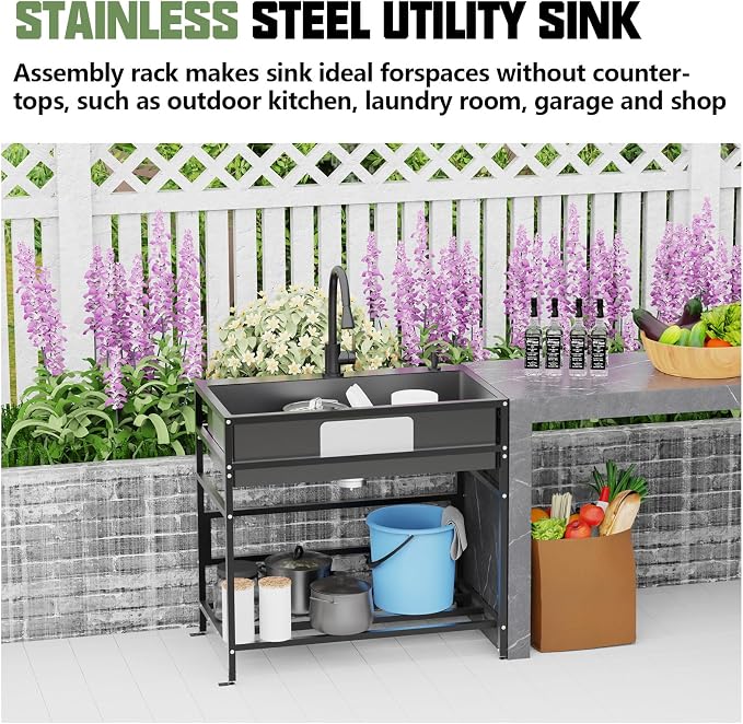 Black 33x19 Inch Freestanding Utility Sink-Stainless Steel Laundry Sink - Image 2