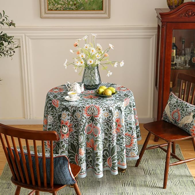 ISAENNE Designer Bohemian Linen Green Round Tablecloth, Floral Indoor Table - Image 8